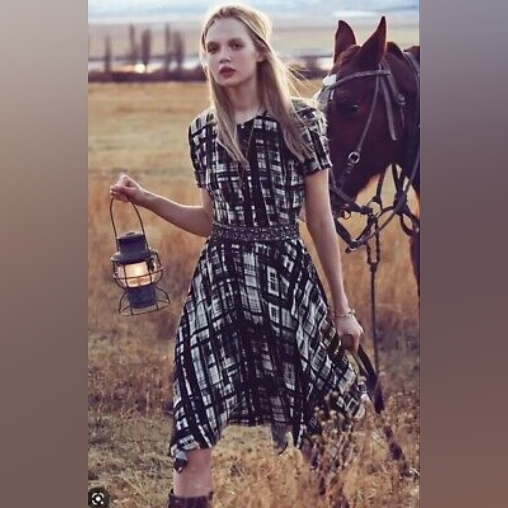 Anthro Corey Lynn Calter Dress Black Painted Plaid Handkerchief Hem Size…